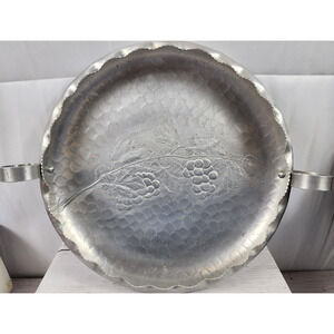 Hand Forged Aluminum Platter w/Dual Handles, Grape Vine Decor, Back Stamp '62A'